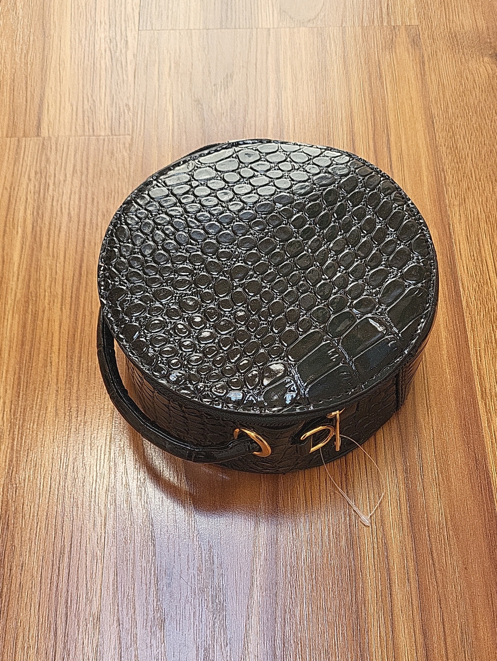 Black Croc-Embossed Round Crossbody with Gold Hardware